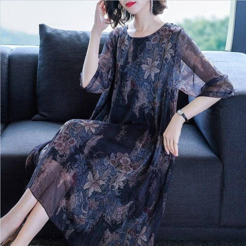 빅사이즈 여성 중년원피스 시폰 미디 하객룩 엄마옷 체형커버 롱원피스 여유핏 블랙 5XL - 상세 이미지 2