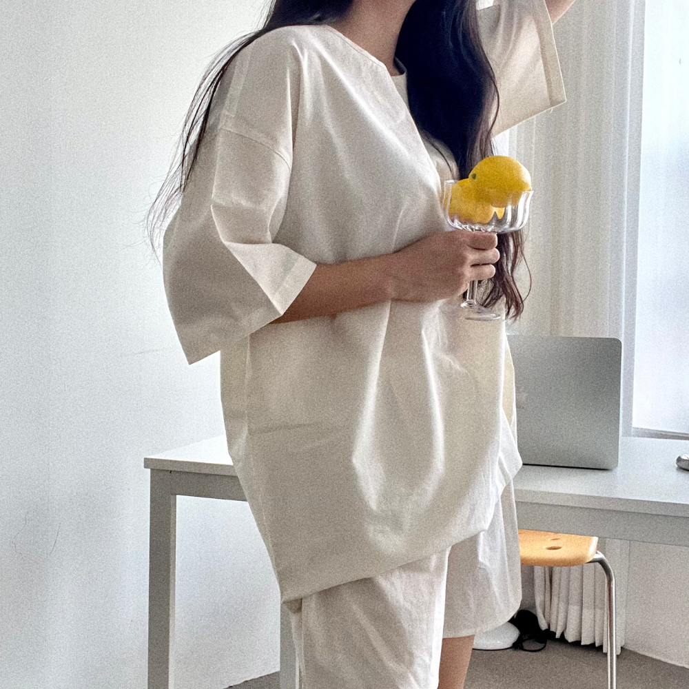 시원한 냉감 여름 홈웨어 무형광 잠옷 바이오워싱 순면 반바지 3컬러 - 상세 이미지 5