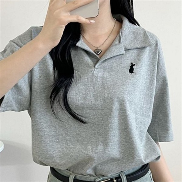 루즈핏 여성 반팔 카라 티 귀여운 여성 오버핏 카라 - 메인 이미지