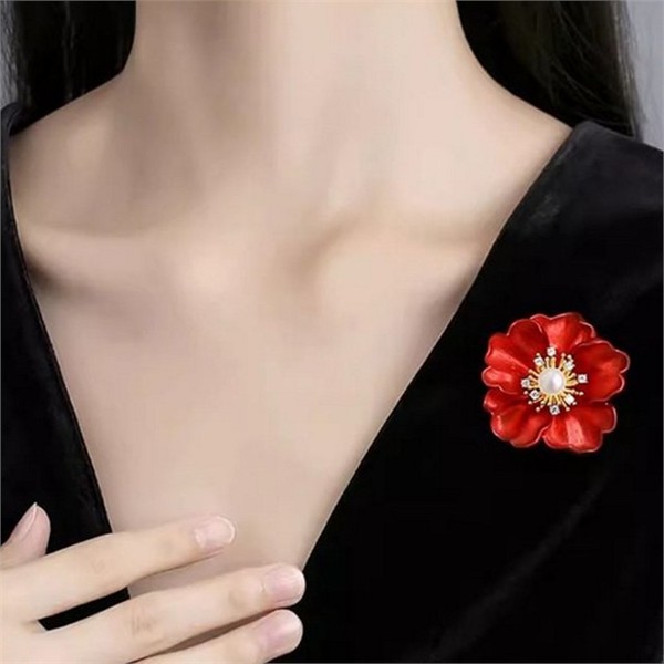 모란 여성 꽃 브로치 7.3x3.5cm 동백 여성 진주 브로치 지르코니아 - 상품 이미지