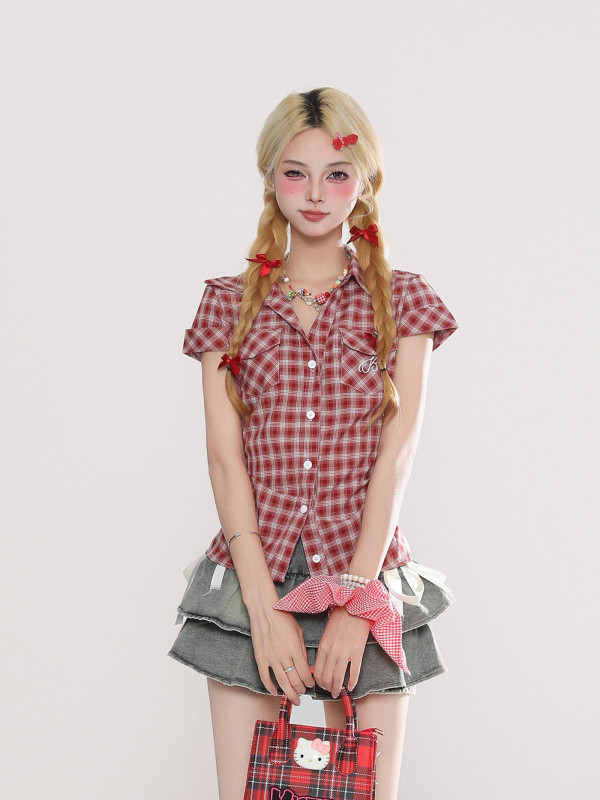 나는솔로 262회 송해나 옷 체크무늬 셔츠 스타일 레드 반팔셔츠 빈티지 캐주얼 - 상세 이미지 2