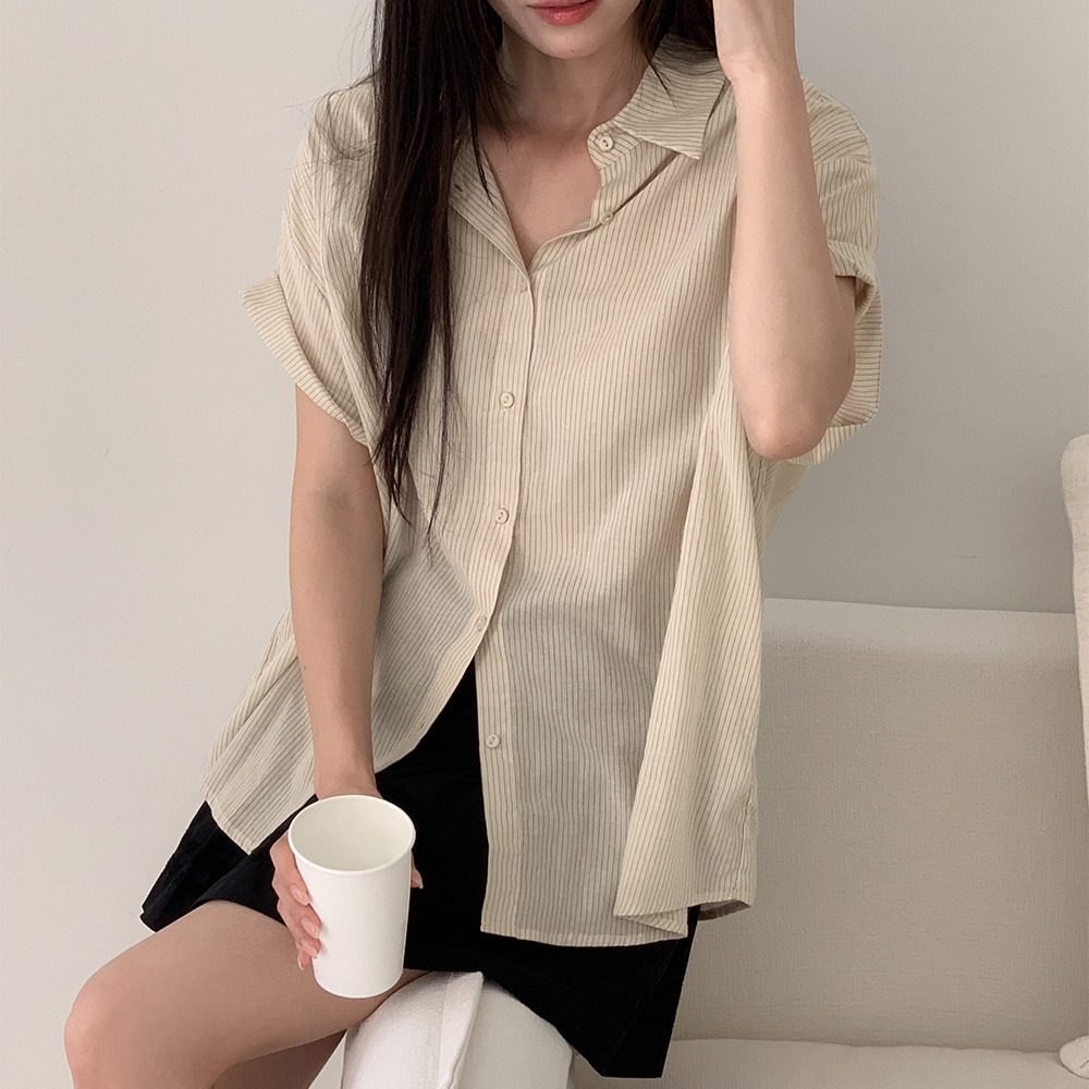 썸머 세로 스트라이프 루즈핏 반팔 셔츠 이미지 6