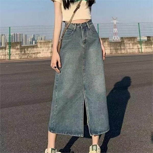 밑단 여성 롱 데님 스커트 트임 여성 슬릿 데님 스커트 - 상품 이미지