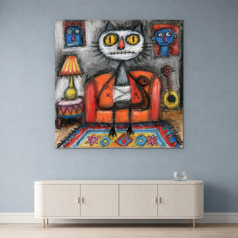 붉은 방의 캣 초상 일러스트 포스터 캔버스 액자 20x20cm - 상품 이미지