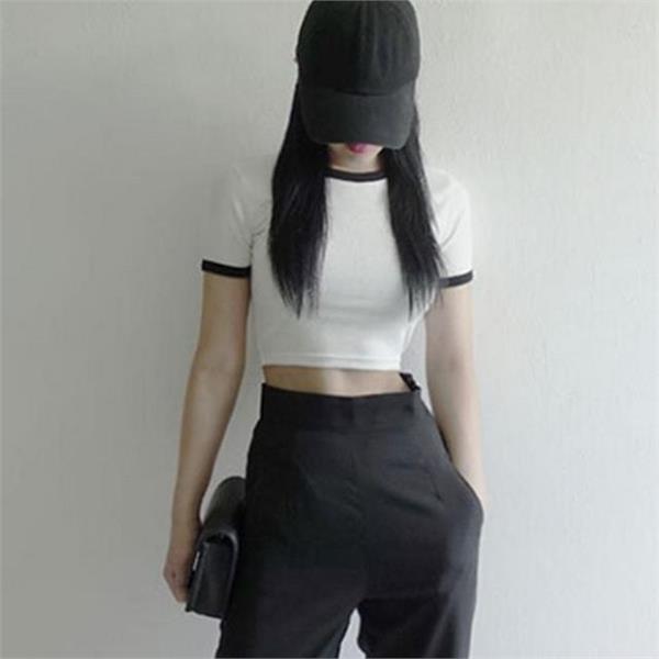 슬림핏 여성 크롭 반팔 티 라운드 여성 배색 크롭 티 - 상품 이미지