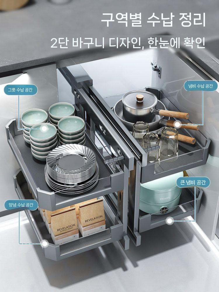 싱크대 코너 선반 슬라이딩 회전 하부장 주방 인출식 700 더블 레이어 코너 도어 개방 - 상세 이미지 5
