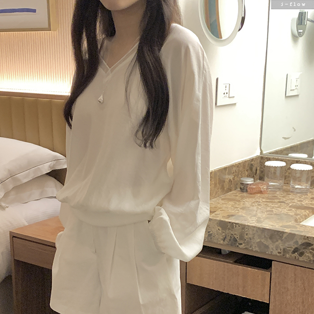 밀론 브이넥 나그랑 맨투맨 블라우스 2col 봄 여름 루즈핏 시스루 장마룩 제이플로우 - 상세 이미지 5