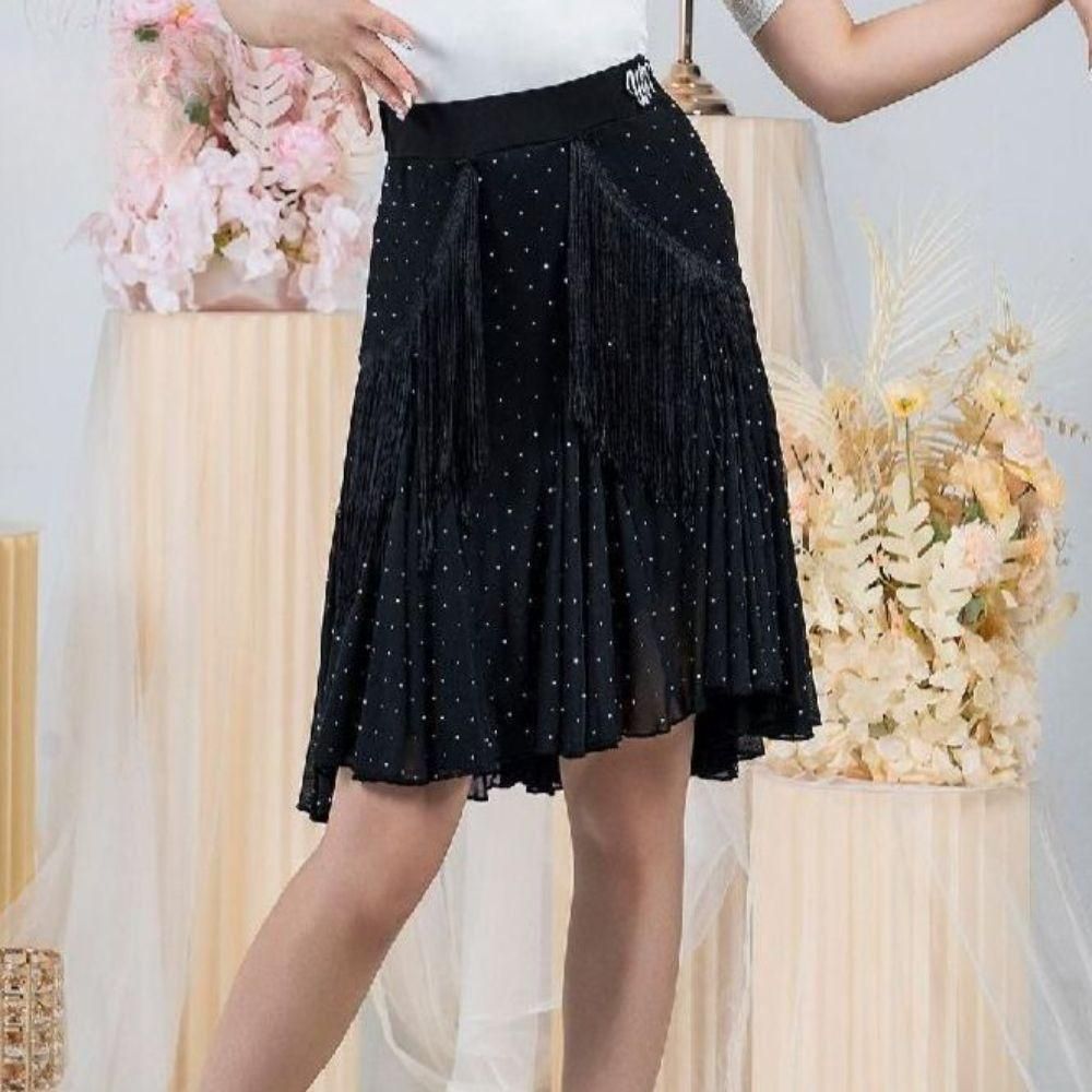 라인댄스복 댄스 치마 스커트 태슬 플리츠 스포츠 블랙 M - 상품 이미지