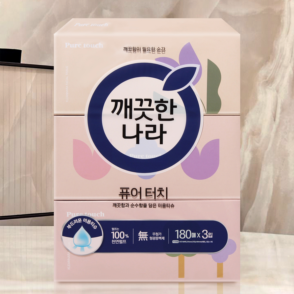 깨끗한나라 퓨어터치 각티슈 미용티슈 180매 3개 곽티슈 곽휴지 사각티슈 - 상품 이미지