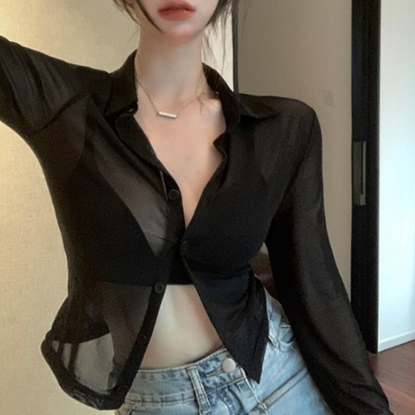 여성 카라 티셔츠 시스루 캐쥬얼 여름 가을 귀여운 티 봄 여자 긴팔 데일리 패션 슬림핏 - 상품 이미지