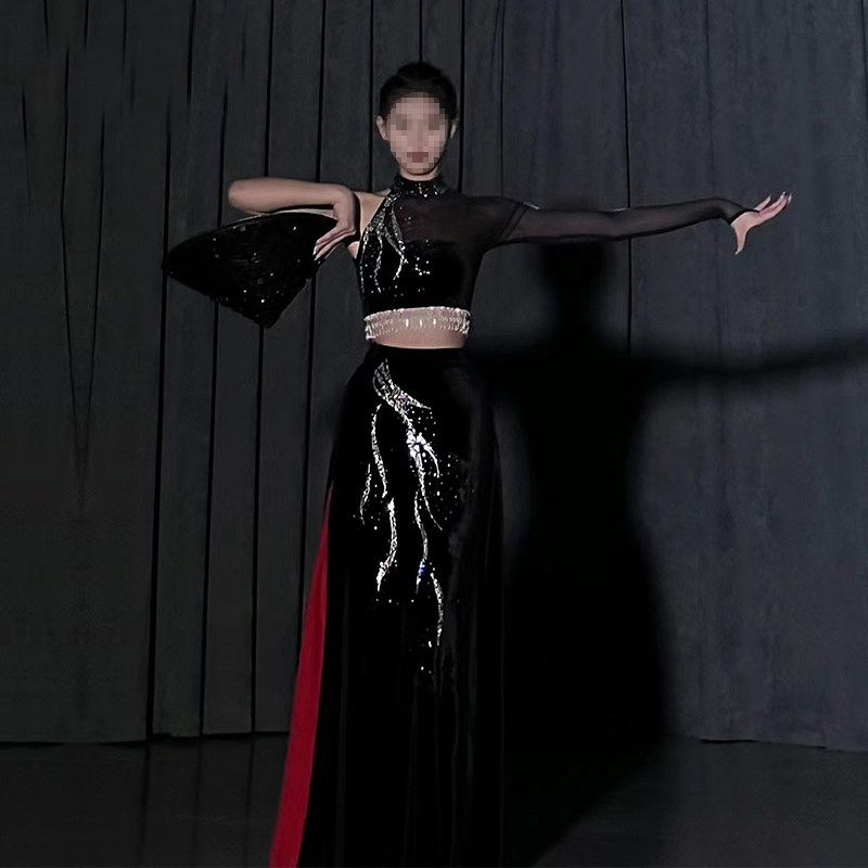댄스복 치마 오프숄더 라틴 모던 상의 댄스 긴팔 여성 단일옵션 S - 상세 이미지 3