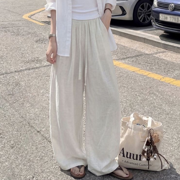 여자 와이드 팬츠 여름 가을 밴딩 와이드 캐쥬얼 트레이닝 봄 바지 여성 긴바지 통 린넨 - 상품 이미지