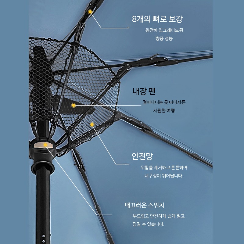 우산 선풍기 접이식 자동우산 USB 충전 외부 실버 내부 다크블루 - 상세 이미지 4