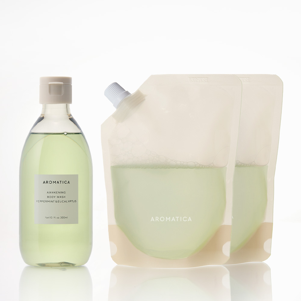 아로마티카 어웨이크닝 바디워시 300ML + 리필 300MLx2개 세트 (총 900ML) 쿨링 바디워시 클렌져 샤워 젤 - 상품 이미지