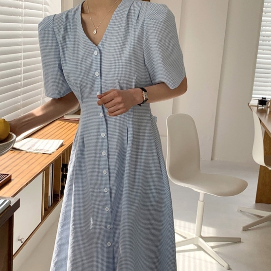 여성 원피스 여자 봄 가을 여름 셔츠 롱 시원한 브이넥 40대 반팔 퍼프 소매 슬림핏 - 상품 이미지