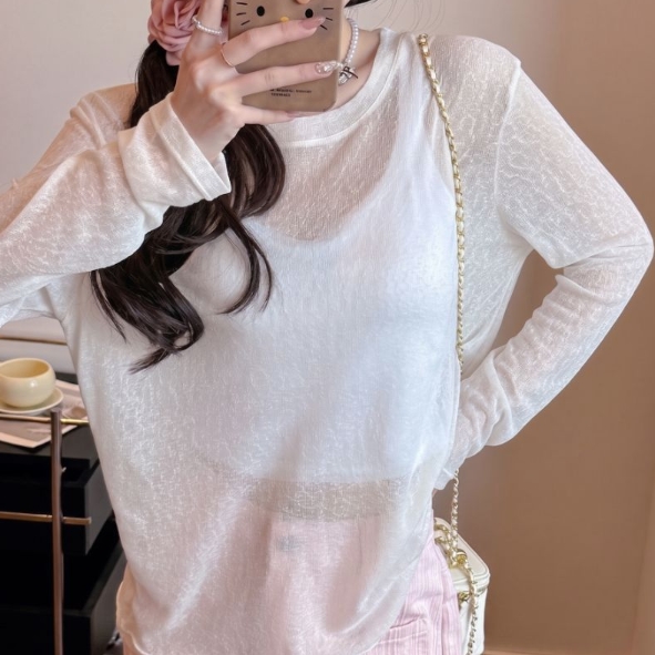 여성 티셔츠 여자 가을 봄 긴팔 겨울 여름 루즈핏 시스루 기본 20대 학생 무지 휴양지 - 상품 이미지