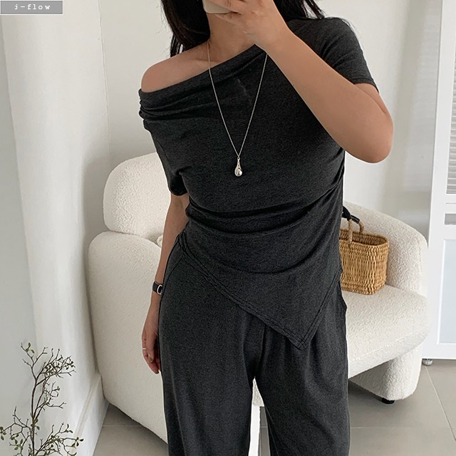 일로브 드레이프 언발 티셔츠 밴딩 찰랑 팬츠 세트 3col 여름 투피스 원숄더 제이플로우 - 상세 이미지 4