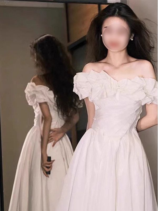 촬영용 웨딩드레스 오프숄더 퍼프소매 풍성한 어깨 웨딩 하얀색 XS 이미지 6