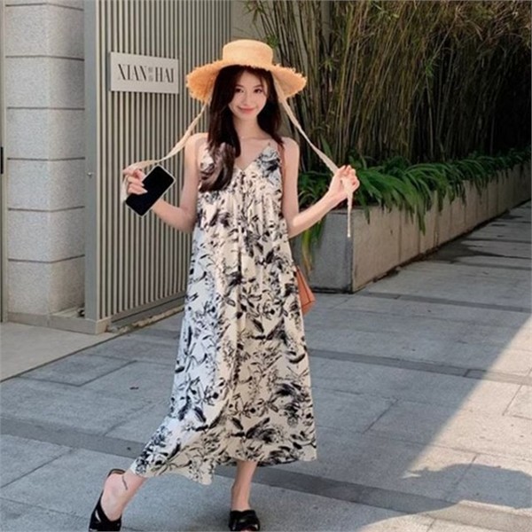 루즈핏 여성 끈 나시 롱 원피스 플라워 여성 플라워 - 상품 이미지
