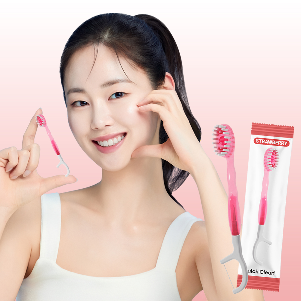 퀵클린 딸기향 물없이 사용하는 일회용 미니 칫솔 휴대용 여행용 개별포장 10개입, 5개 - 상세 이미지 5