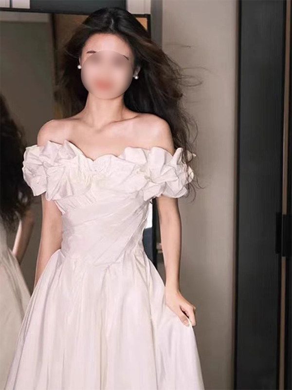 촬영용 웨딩드레스 오프숄더 퍼프소매 풍성한 어깨 웨딩 하얀색 XS - 상세 이미지 4