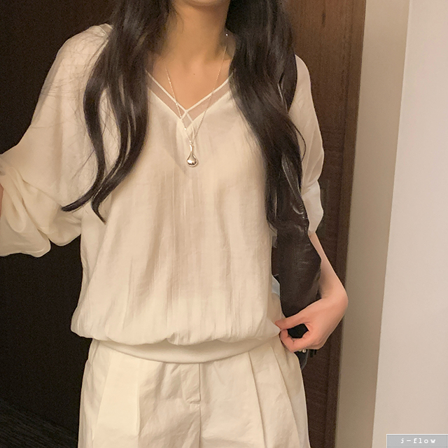 밀론 브이넥 나그랑 맨투맨 블라우스 2col 봄 여름 루즈핏 시스루 장마룩 제이플로우 - 상세 이미지 2