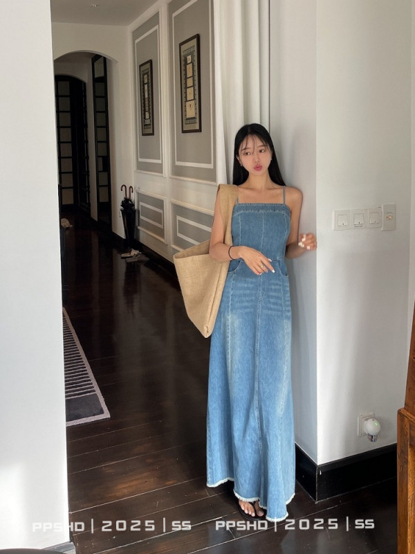 끈조절 S M L 썸머 데님 스퀘어넥 밴딩 뷔스티에 플레어 맥시 청 나시 롱 원피스 블루 - 상세 이미지 3