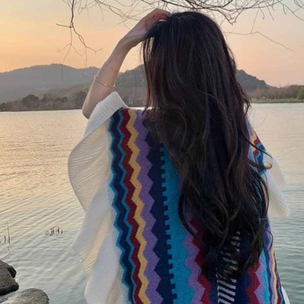 몽골 판초 여행 에스닉 망토 몽골판초 후드담요 보헤미안 케이프 숄 어깨 담요 블루 - 상세 이미지 5