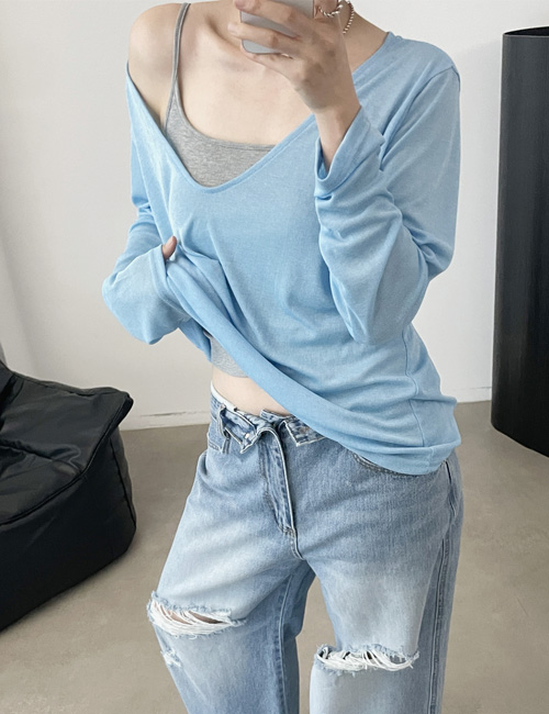 딥 브이넥 루즈핏 긴팔 티셔츠 [6color] - 상품 이미지