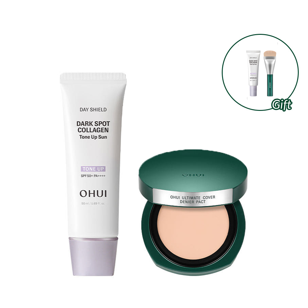 [라운지전용] 오휘 데이쉴드 다크스팟 콜라겐 톤업선 50ml + 얼티밋 커버 데니어 팩트(본품+리필) - 상품 이미지