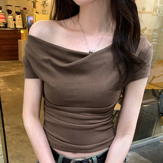 오프숄더 티셔츠 룩 여자 20대 봄 가을 딱붙는 여성 여름 반팔 티 데이트 셔링 스판 - 상품 이미지