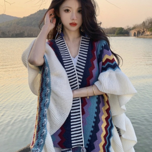 몽골 판초 여행 에스닉 망토 몽골판초 후드담요 보헤미안 케이프 숄 어깨 담요 블루 - 상세 이미지 2