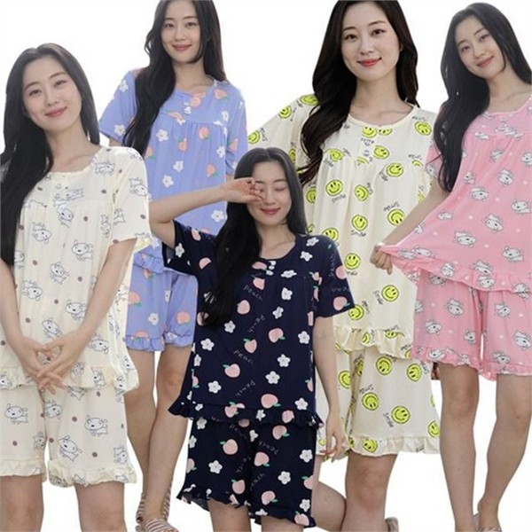 편안한 여성 반팔 파자마 캐주얼 여성 잠옷 반바지 여름 - 상품 이미지
