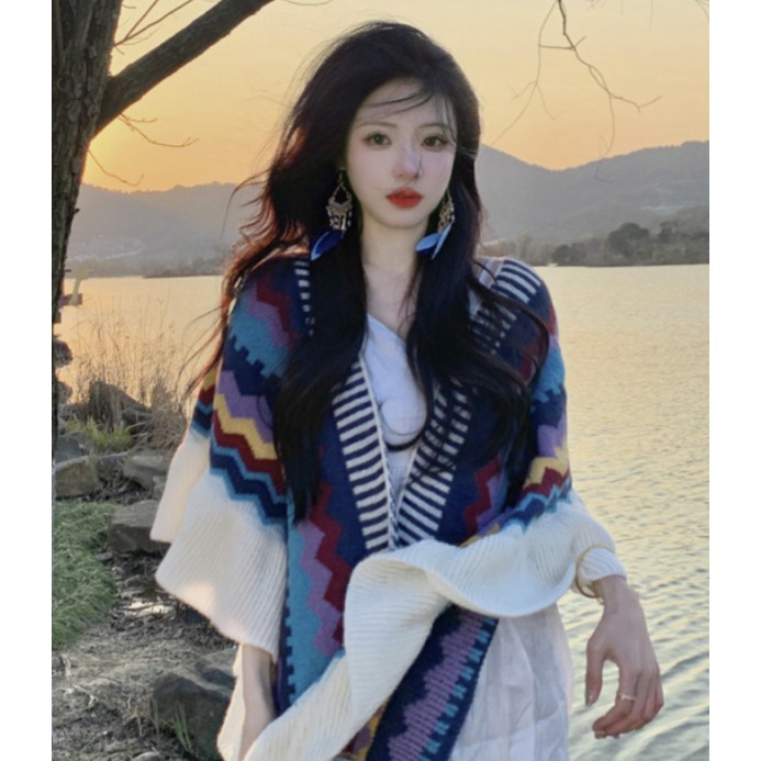 몽골 판초 여행 에스닉 망토 몽골판초 후드담요 보헤미안 케이프 숄 어깨 담요 블루 - 상세 이미지 3