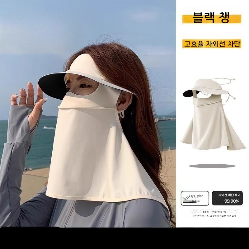 여성 여름 얼굴 전체 가리개 자외선차단 마스크 블랙 비닐 짧은 모자 원 사이즈 - 상세 이미지 2