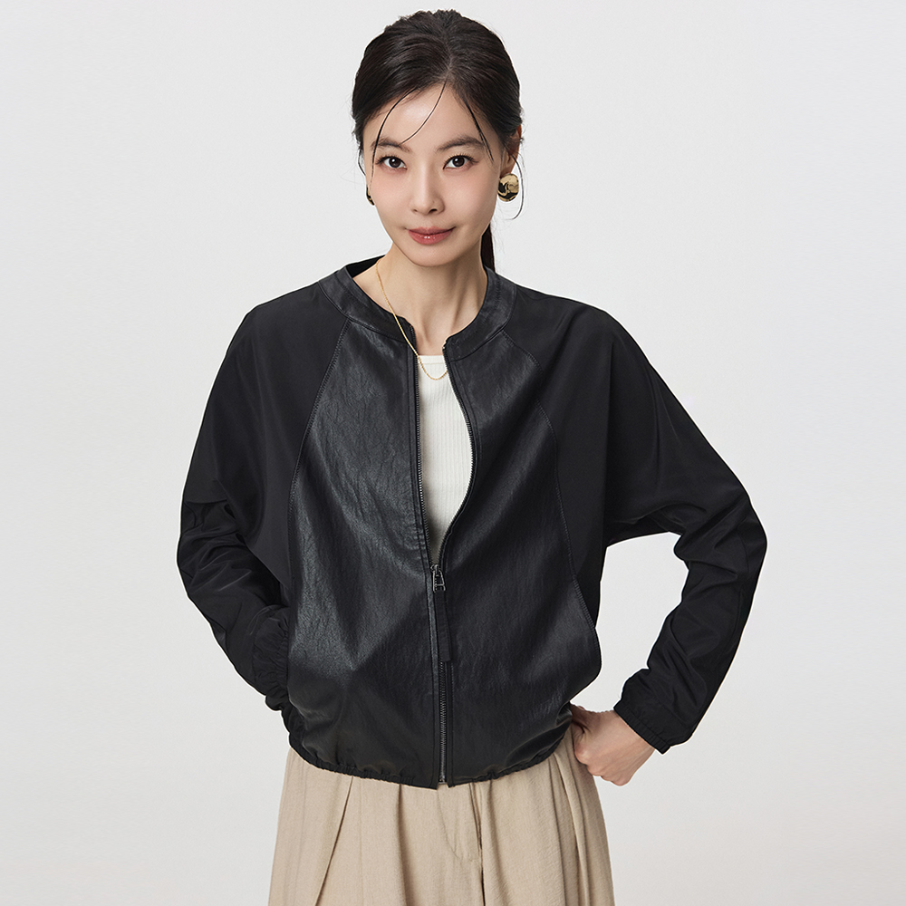 메시제이 FAUX 레더 블록 자켓 세미 오버핏 블루종 점퍼 페이크 인조 가죽 봄 가을 잠바 - 상품 이미지