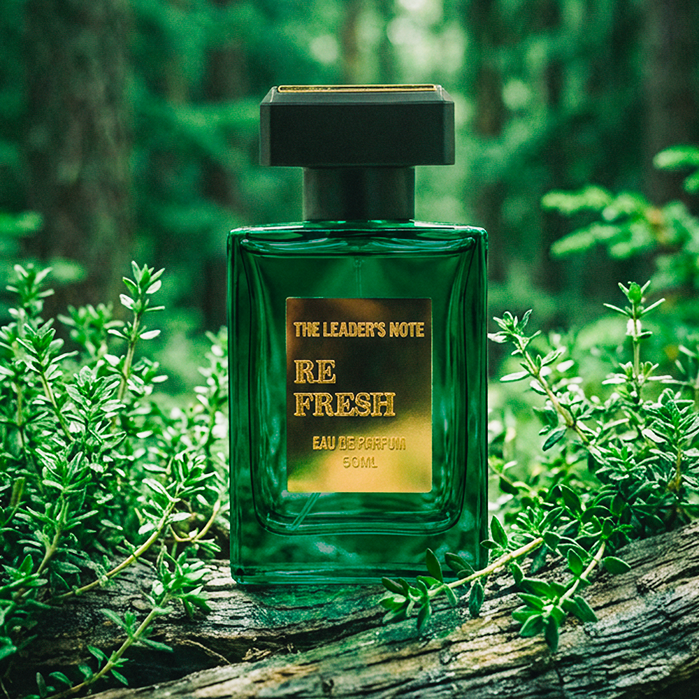 50ml 용량의 초록색 향수병이 지표면 위의 작은 식물들 사이에 배치된 제품 샷