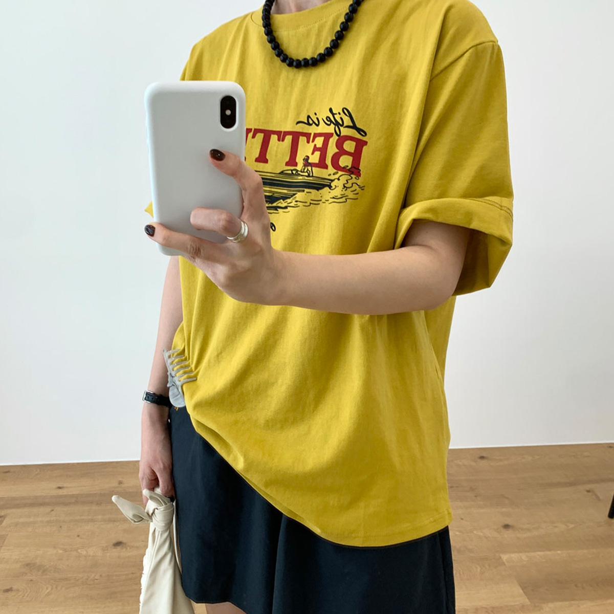 보드 나염티 코튼 팔뚝커버 빅사이즈 오버핏 4부 5부 반팔티 웨어링무드 (2c) - 상품 이미지