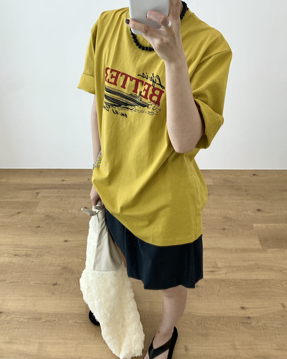 보드 나염티 코튼 팔뚝커버 빅사이즈 오버핏 4부 5부 반팔티 웨어링무드 (2c) - 상세 이미지 4
