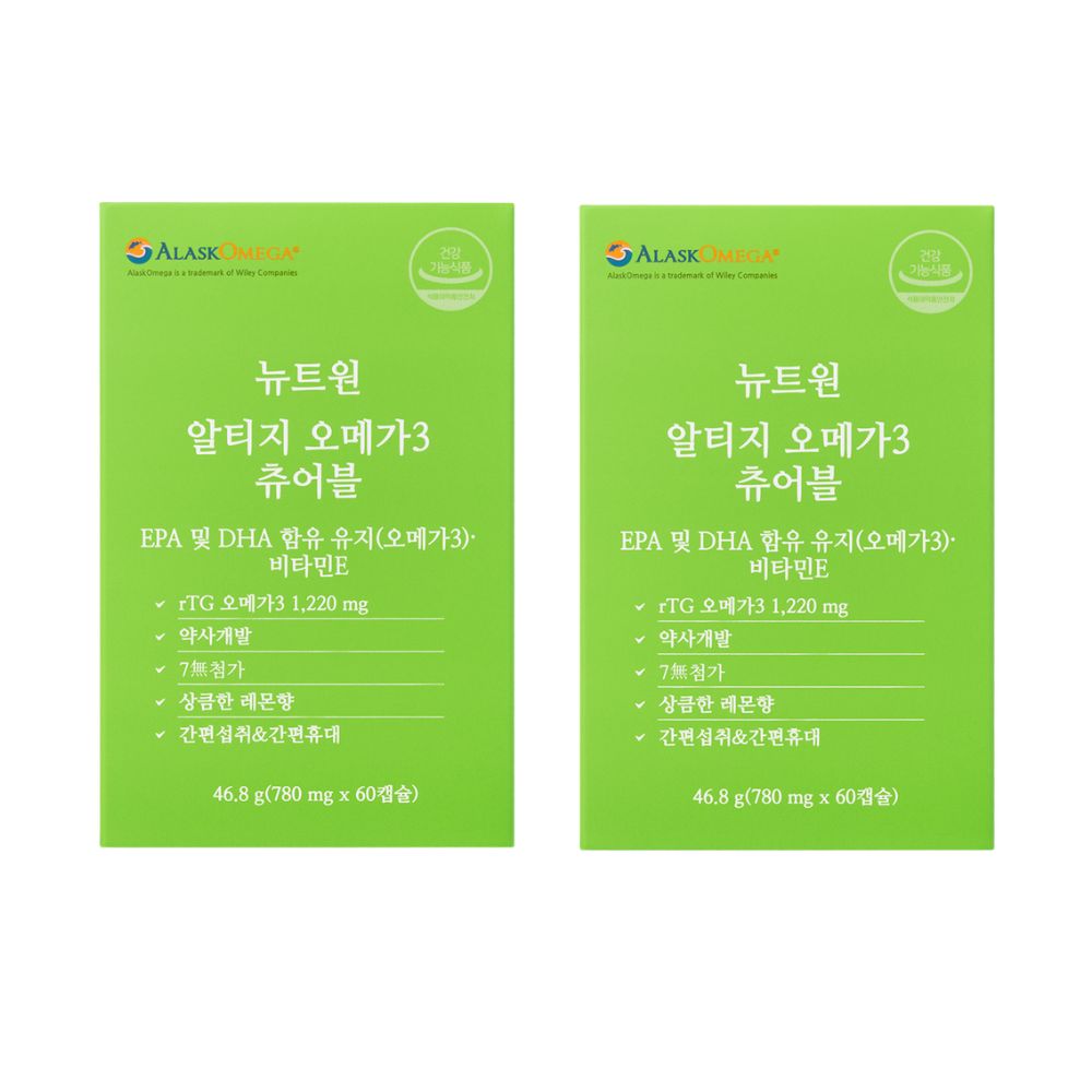 뉴트원 알티지 오메가3 츄어블 ,약사개발 저온추출 레몬향 60캡슐, 2개 - 상품 이미지