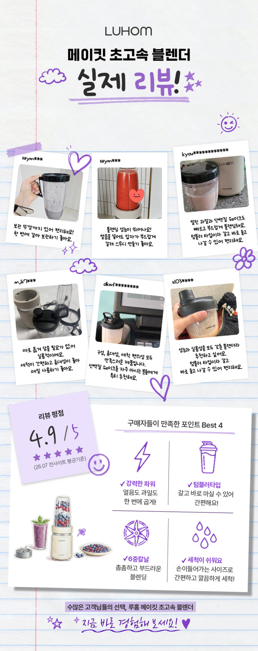 루홈 초고속 블렌더 메이킷 믹서기 텀블러 가정용 소형 미니 휴대용 판매처 상세 정보 이미지 4