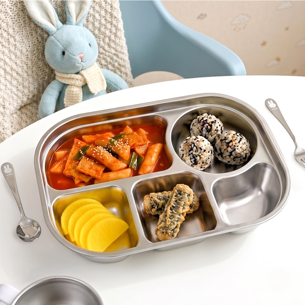 키친유 미피 스텐 304 5구 나눔식판 어린이 분리식판 유아 나눔접시 유아동 깊은 급식판 - 상세 이미지 2