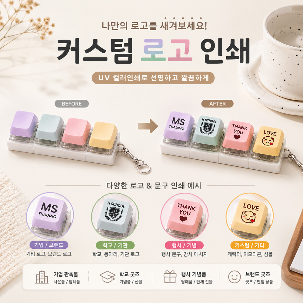 키캡키링 4구 키보드키링 주문제작 청축 인쇄 커스텀 굿즈 키홀더 열쇠고리 클릭커 클리커 - 상세 이미지 3