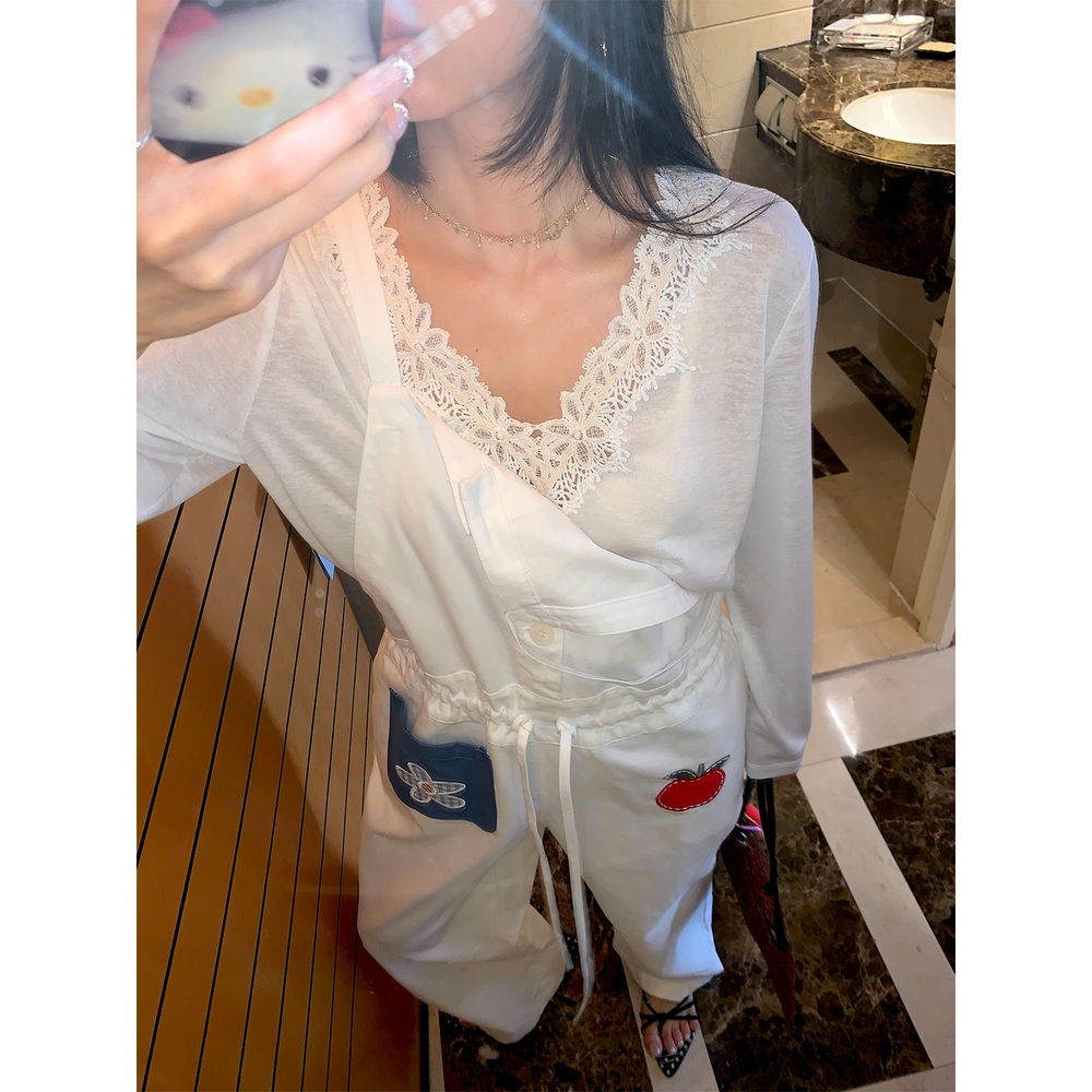 브이넥꽃자수포인트 루즈핏 긴팔티 텐셀면혼방소재 좋은원단 캐주얼 레이어드 봄여름 화이트 이미지 6