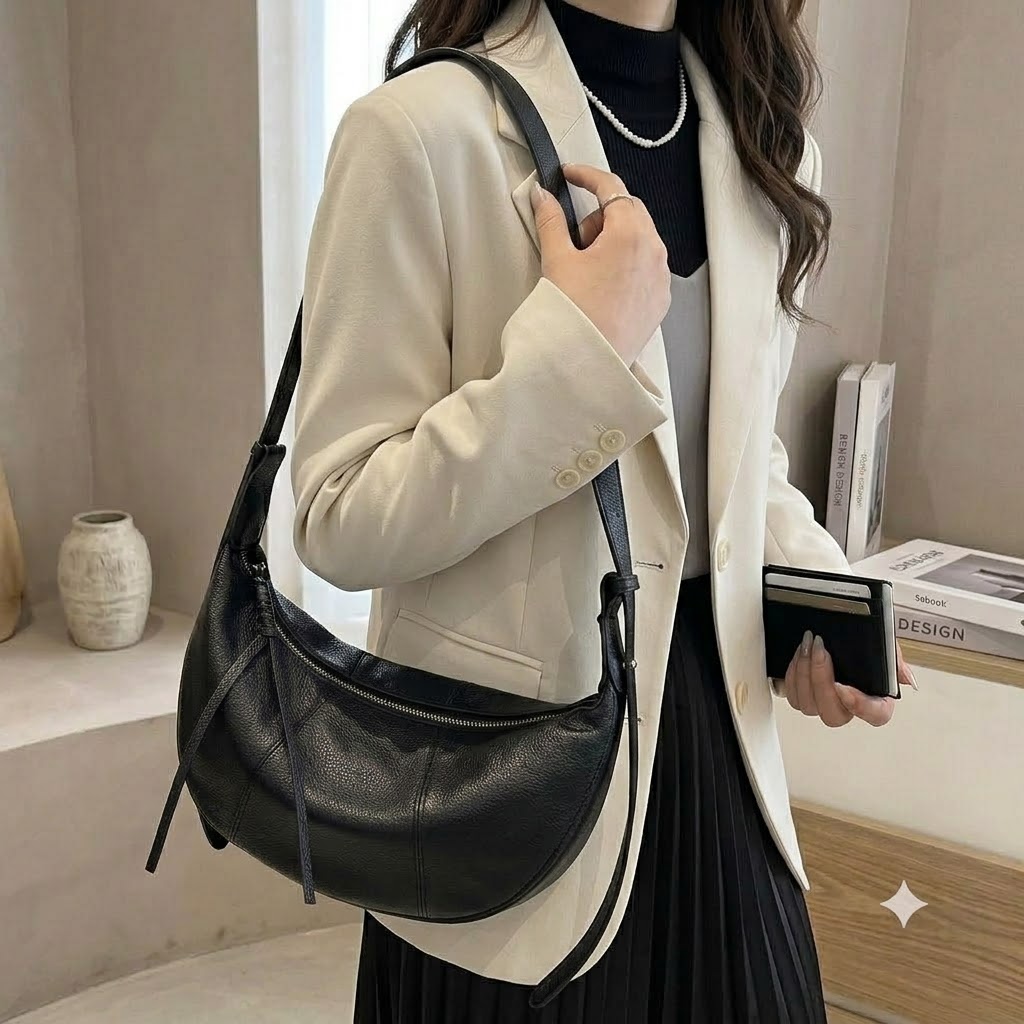 여성 소가죽 반달 크로스백 크루아상 하프문 여행용 데일리 휘뚜루마뚜루 슬링백 - 상품 이미지