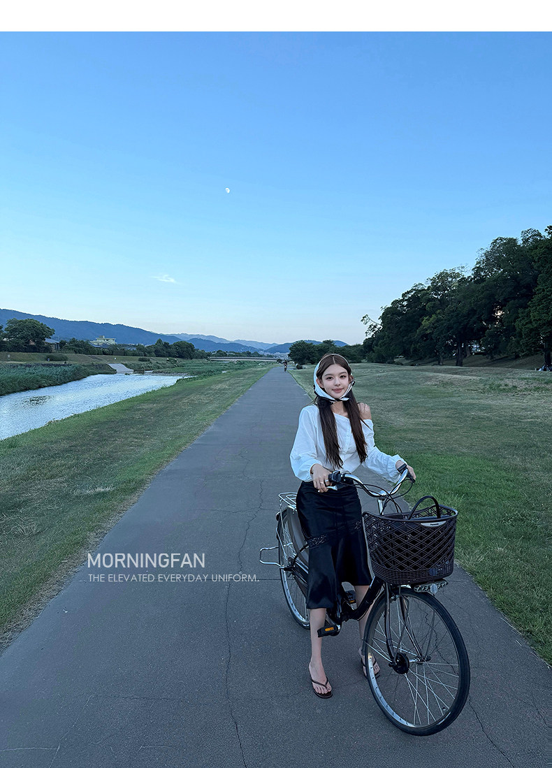 MORNINGFAN 새틴스커트 스트링 레이스 롱스커트 여성 치마 - 상세 이미지 4