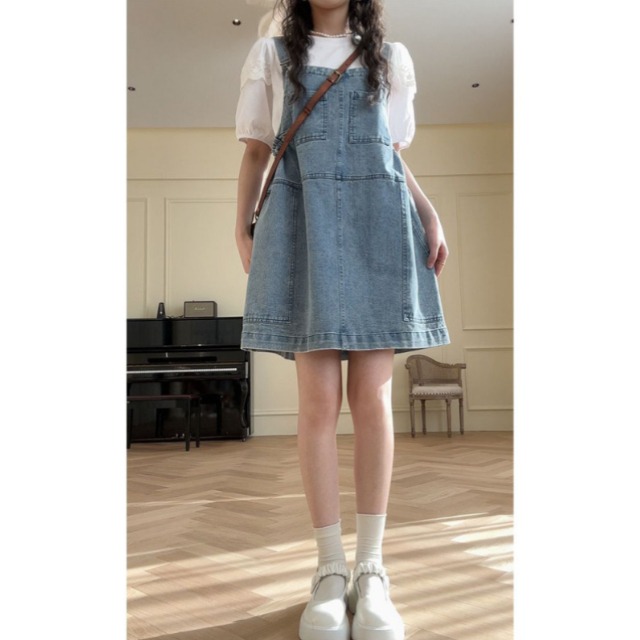 여성 빅사이즈 여름 미니 멜빵 원피스 20대 30대 서스펜더 숏 치마 데님 오버롤 청치마 - 상세 이미지 3