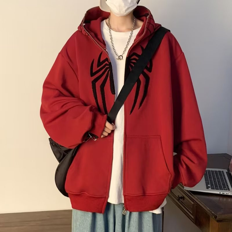 후드집업 힙합 복고 스파이더맨 후드 루즈한 카디건 재킷 집업 스웨트셔츠 스트리트 - 상세 이미지 3