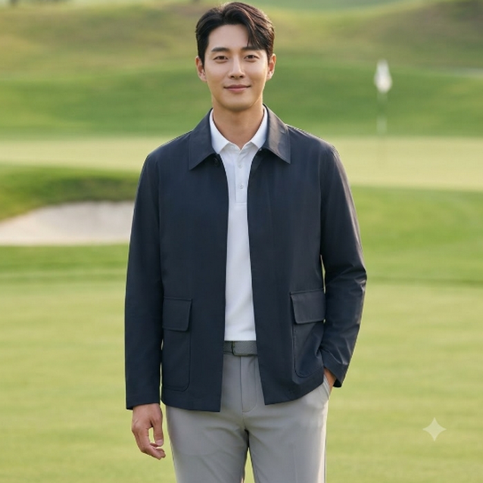 헤지스골프 남성 가을 빅 더블 포켓 하프 코트형 골프 바람막이 자켓 - 상품 이미지