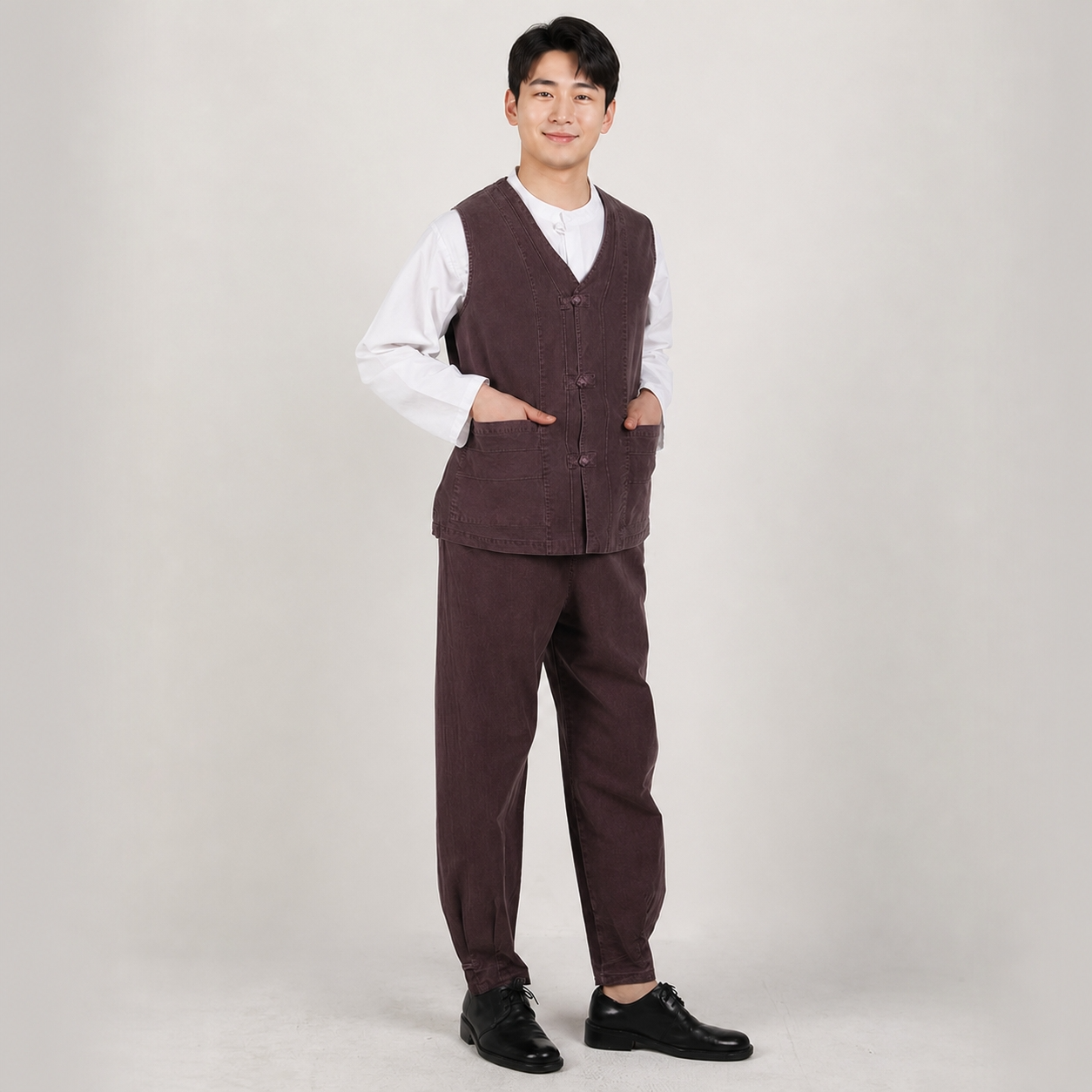 남자 봄가을 생활한복 20수 핀탁 조끼 바지 계량 개량 한복 절복 법복 - 상세 이미지 5